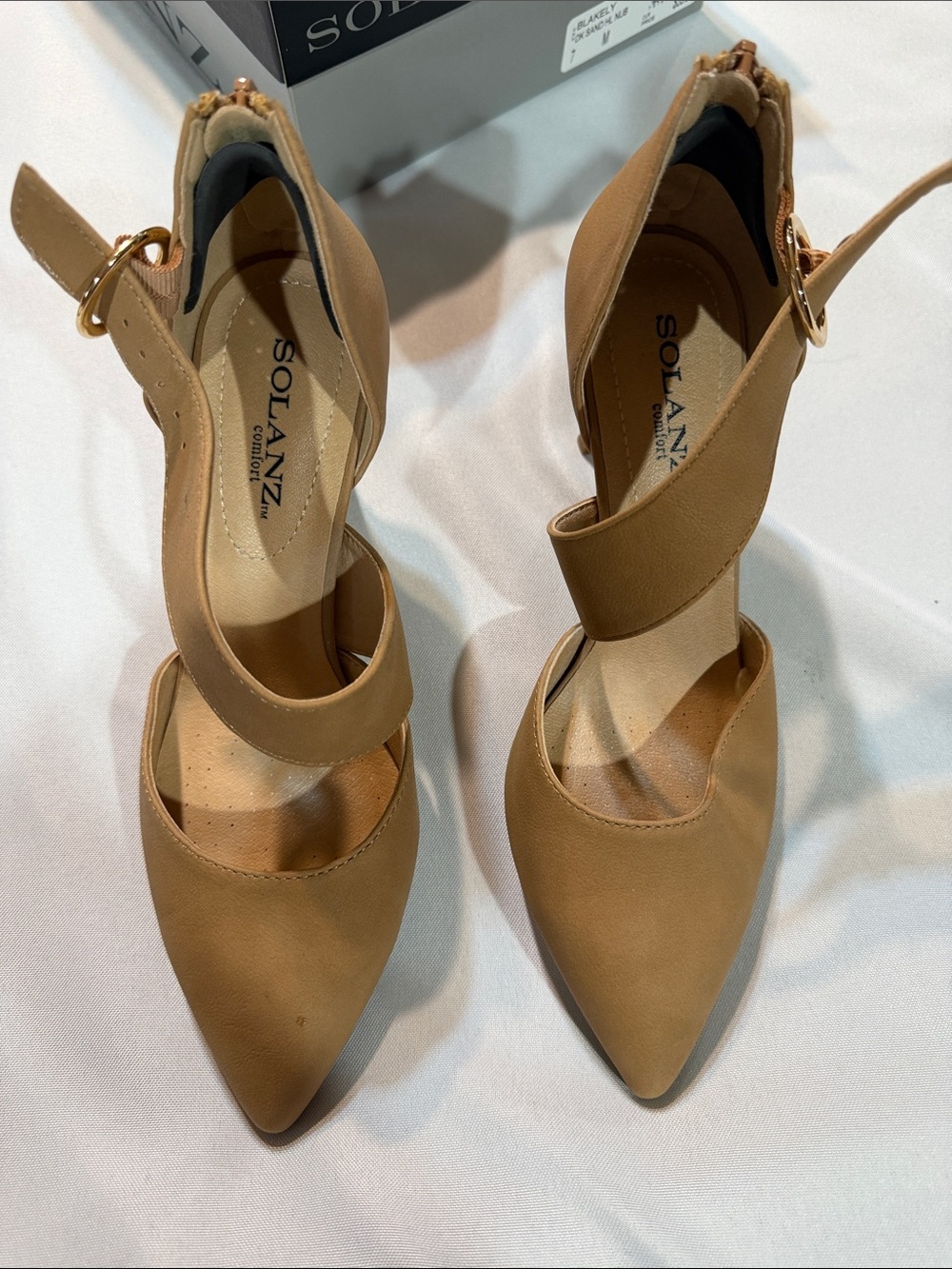 Solanz Tan Pointed-Toe Ankle-Strap Heels